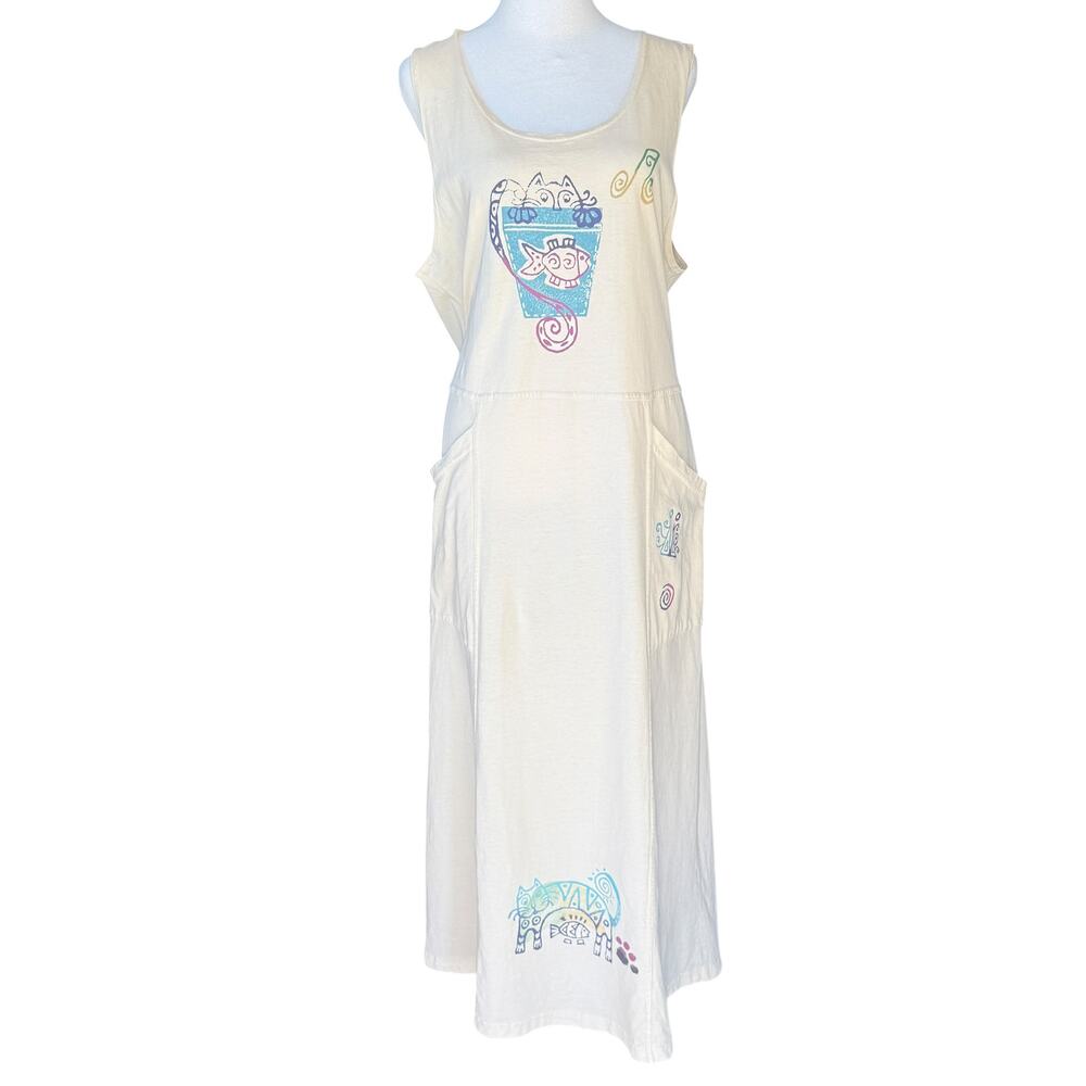 Vintage Focus Cat Graphic Dress S Maxi Cotton 90s Folk Art Novelty Relaxed USA